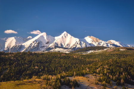 Beautiful morning spring landscape in the countryside. View of the Belianske Tatras from the village of Osturna in Slovakia.の写真素材