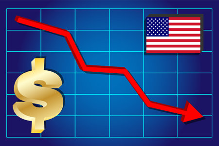 Infographic showing the decline of the dollar currency on a graph. Descending dollar exchange rate in vector illustration EPS10.のイラスト素材