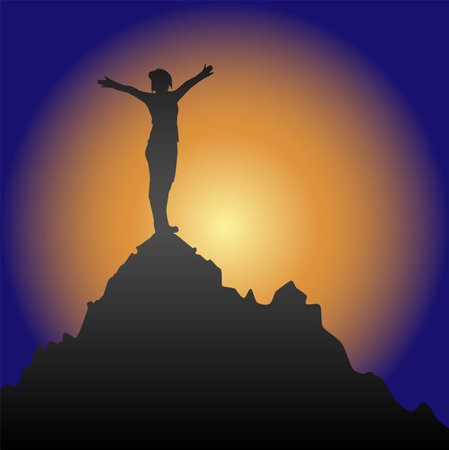 Woman with her arms raised on top of a mountain. Vector illustration of success, victory and joy.のイラスト素材