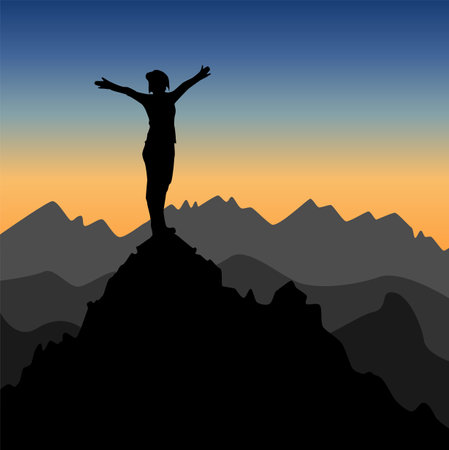 Woman with her arms raised on top of a mountain. Vector illustration of success, victory and joy.のイラスト素材