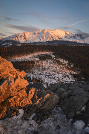Beautiful early spring mountain landscape. View of the snow-white peaks in the Polish Tatra Mountains.の写真素材