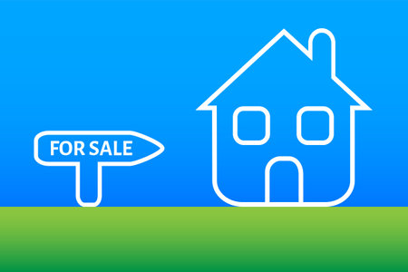 Conceptual illustration related with the sale of home. New white house and for sale text.のイラスト素材