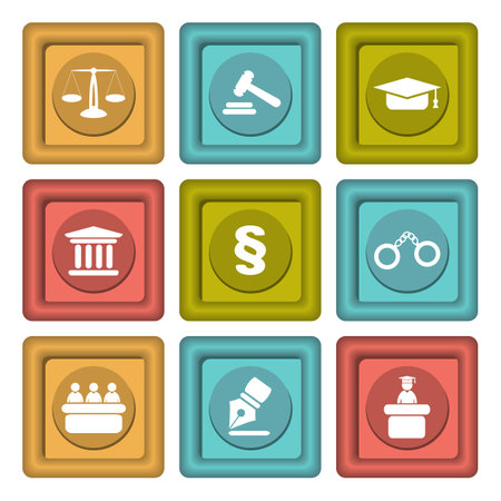 Set of icons related to the court, crime and the law. Nine different colored icons in vector illustration.のイラスト素材