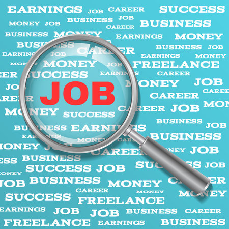 Job search concept. Word job with magnifying glass. Magnifier with red job text on a blue background with words related to work.のイラスト素材