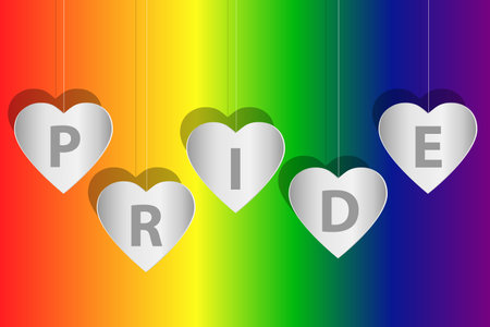 The concept of love, pride and acceptance for different people. Hanging white hearts pride text on a rainbow background in vector illustration.のイラスト素材
