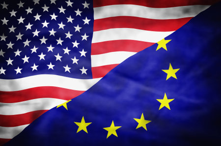United States of America and European Union mixed flag. Wavy flag of United States of America and European Union fills the frame.の写真素材