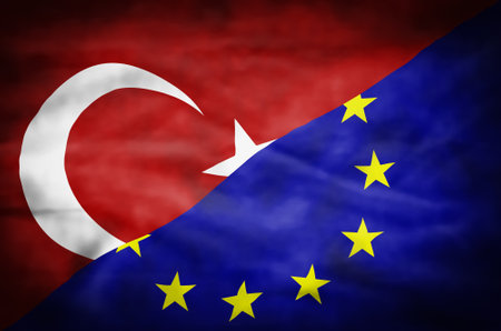 Turkey and European Union mixed flag. Wavy flag of Turkey and European Union fills the frame.の写真素材