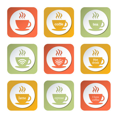 Colorful coffee icons. Nine different icons with a cup of coffee and tea and various inscriptions.のイラスト素材