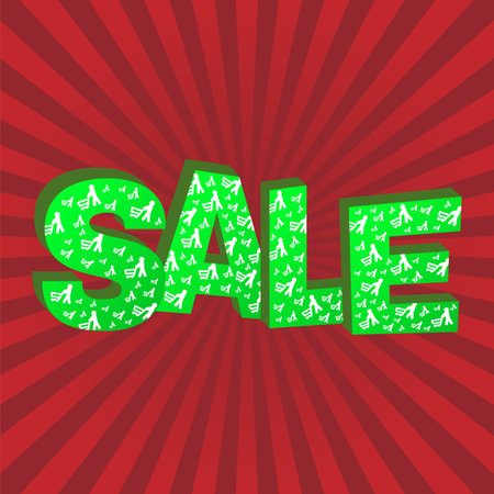The concept of seasonal sales in the store. 3D green text sale with customers with trolleys on red background with rays.のイラスト素材