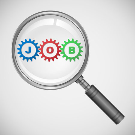 Word job with magnifying glass. Magnifier with job text in gears wheels.のイラスト素材
