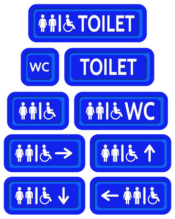 The blue signs set to the toilet. Various symbols with silhouettes of the toilet.のイラスト素材