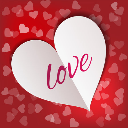 Paper heart with the lettering "love". Symbol of love on a red background with white hearts.のイラスト素材