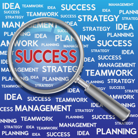 The concept for success in vector illustration. Enlarged magnifying glass the word success with different words associated with success in the background.のイラスト素材