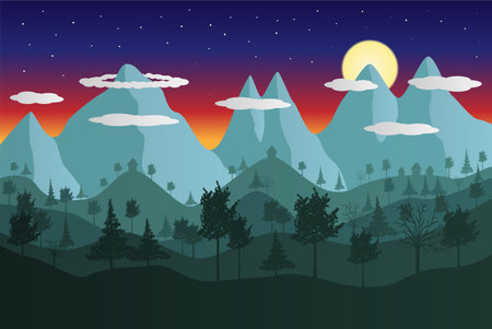 Mountain landscape at night in vector illustration. Trees and mountain peaks with clouds , starry sky and moon in the background.のイラスト素材