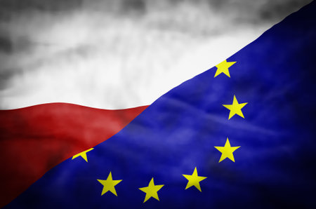 Poland and European Union mixed flag. Wavy flag of Poland and European Union fills the frame.の写真素材