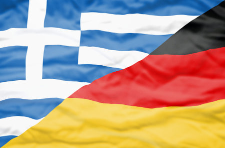 Greece and Germany mixed flag. Wavy flag of Greece and Germany fills the frame.の写真素材