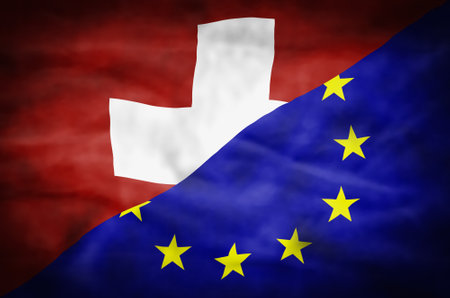 Switzerland and European Union mixed flag. Wavy flag of Switzerland and European Union fills the frame.の写真素材