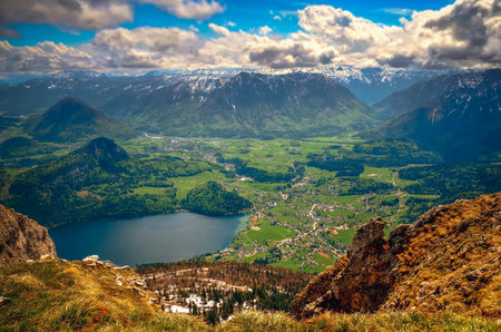 Mountain landscape in Austrian Alps. View from Loser peak over Altausseer See lake and Altausse village in Dead Mountains (Totes Gebirge) in Austria.の写真素材