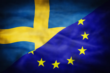 Sweden and European Union mixed flag. Wavy flag of Sweden and European Union fills the frame.の写真素材
