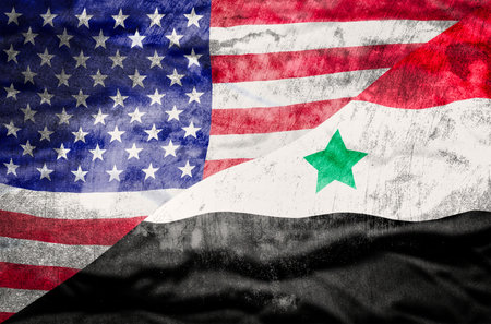 United States of America and Syria mixed flag. United States of America and Syria flag overlaid with grunge texture.の写真素材