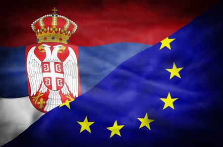 Serbia and European Union mixed flag. Wavy flag of Serbia and European Union fills the frame.の写真素材