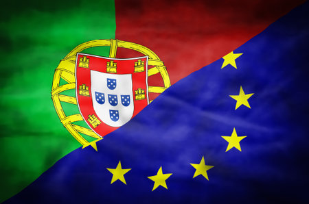 Portugal and European Union mixed flag. Wavy flag of Portugal and European Union fills the frame.の写真素材