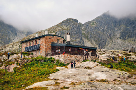 High Tatra, Slovakia - August 19, 2015: Mountain chalet. High-mountain hostel called Teryho Chata in the valley of the Five Spis Lakes in Tatra mountains, Slovakia.のeditorial素材