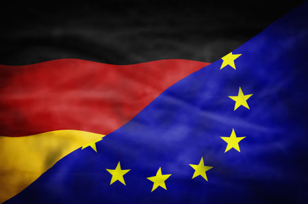 Germany and European Union mixed flag. Wavy flag of Germany and European Union fills the frame.の写真素材