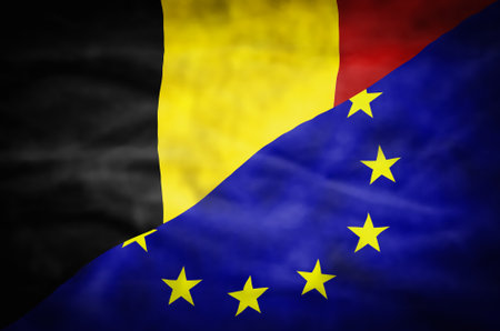 Belgium and European Union mixed flag. Wavy flag of Belgium and European Union fills the frame.の写真素材