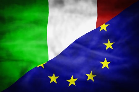 Italy and European Union mixed flag. Wavy flag of Italy and European Union fills the frame.の写真素材