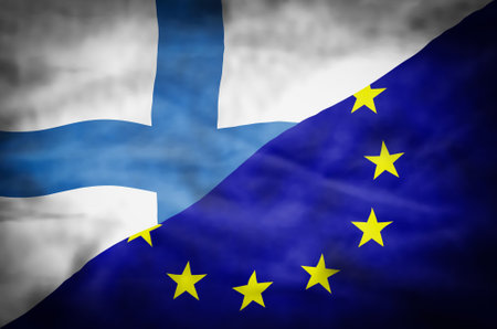 Finland and European Union mixed flag. Wavy flag of Finland and European Union fills the frame.の写真素材