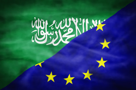 Saudi Arabia and European Union mixed flag. Wavy flag of Saudi Arabia and European Union fills the frame.の写真素材