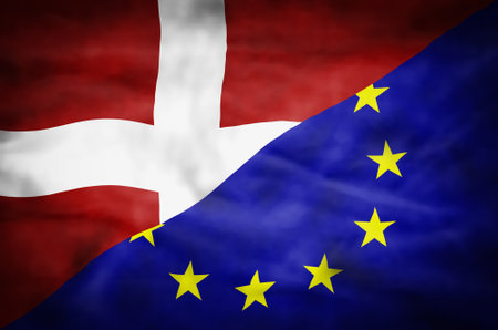Denmark and European Union mixed flag. Wavy flag of Denmark and European Union fills the frame.の写真素材