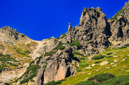 Summer mountain landscape in Slovak mountains. Rocky peaks against blue sky.の写真素材