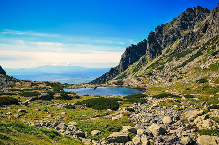 Summer mountain landscape in Slovak mountains. Beautiful lake in High Tatra, Slovakia.