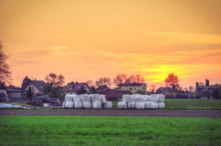 Rural landscape at sunset. Houses in the village of evening sky in the background.の写真素材