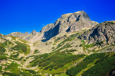 Summer mountain landscape in Slovak mountains. Beautiful rocky peaks in High Tatra, Slovakia.の写真素材