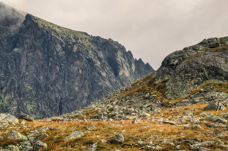 Mountain cloudy landscape in Slovak mountains. Beautiful mountain valley in High Tatra, Slovakia.の写真素材