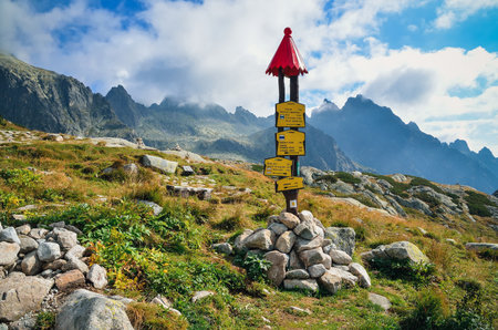 High Tatra, Slovakia - August 19, 2015: Mountain sign the Zbojnicka Chata in High Tatra, Slovakia.のeditorial素材