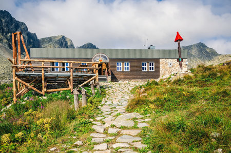 High Tatra, Slovakia - August 19, 2015: Mountain chalet Zbojnicka Chata in High Tatra, Slovakia.のeditorial素材