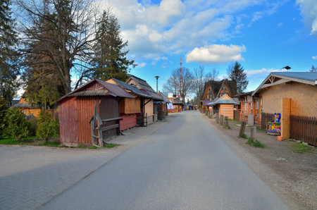Zakopane, Poland - May 7, 2016: Stalls in the popular tourist location Gubalowka in Zakopane, Poland.のeditorial素材