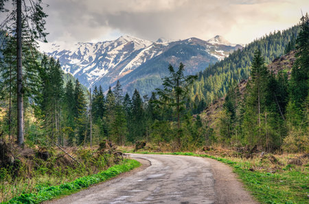 Mountain spring landscape on a cloudy day. Country road and snowy peaks in beautiful mountain valley in Western Tatra, Poland.の写真素材