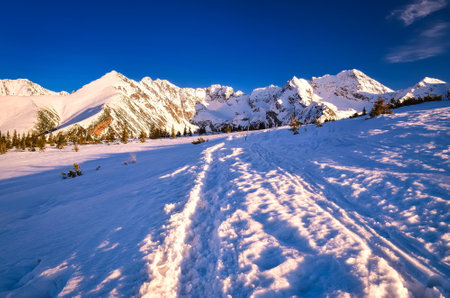 Beautiful winter landscape in the Polish mountains. Snowy trail leading to the Gasienicowa valley in National Park in the Tatra Mountains, Poland.の写真素材