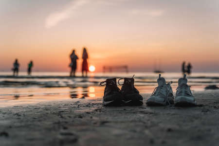 Sneakers on sea background. Relax concept. Active lifestyle.の写真素材