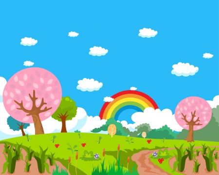 Forest, rainbow and farm background landscapeのイラスト素材