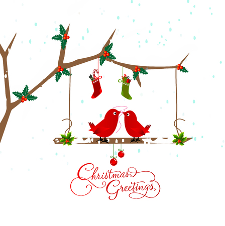  birds couple on the holly berry branch holiday greetings cardのイラスト素材