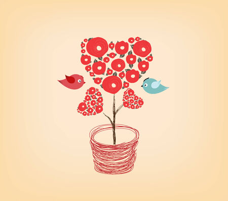 Valentine\'s Day Tree pink heart and birds in loveのイラスト素材