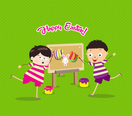happy easter with kids eggs and bunny painting canvasのイラスト素材