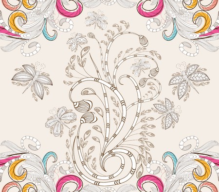 Stylish floral background, hand drawn retro flowers and butterfliesのイラスト素材