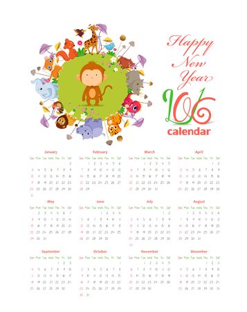 Calendar 2016 with gardens and animals round groundのイラスト素材